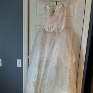 CINDERELLA GOWN WHITE WITH LIGHT PINK PEARLS AND EMBROIDERED